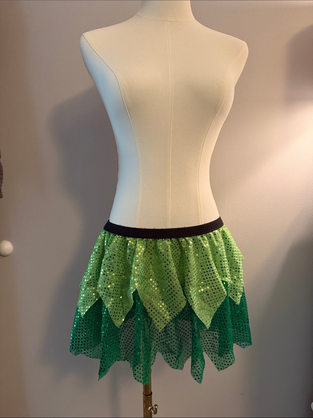 Green Layered Sequin Mini Skirt with Black Waistband